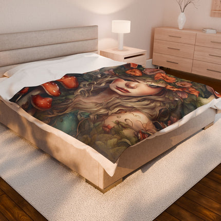 Garden Girl Fantasy Blanket, Spring & Summer Couch Plush Throw, Flower Beauty Bed Cover, Mystic Mushroom Country Home Warm Bedroom Sheet