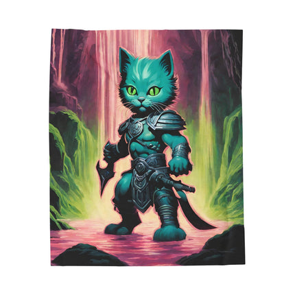 Warrior Blue Shank Cat Blanket, Waterfall Cave Kitten Warm Couch Throw, Glowing Neon Green Bed Cover, Armored Kitten Bedroom Plush Sheet