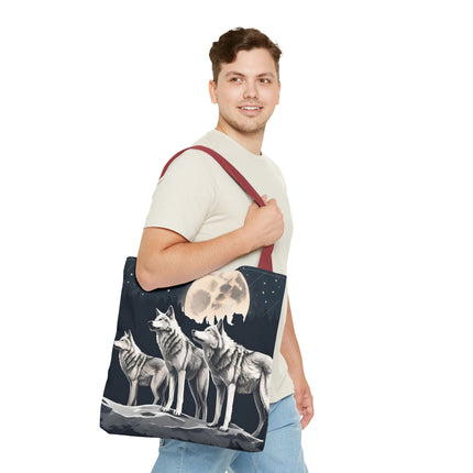 Moon Wolves Tote | Night Sky Mountain Wolf Pack Grocery Bag | Laptop & Book Carrier | Home Office Wooded Wild Dogs Travel Overnight Gift