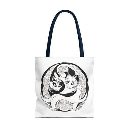 Cat Lovers Tote | Cats Yin Yang Style Grocery Bag | MEOW Chinese Print 2 Sided Office Carry All | School Supplies Kitten Carrier Tote