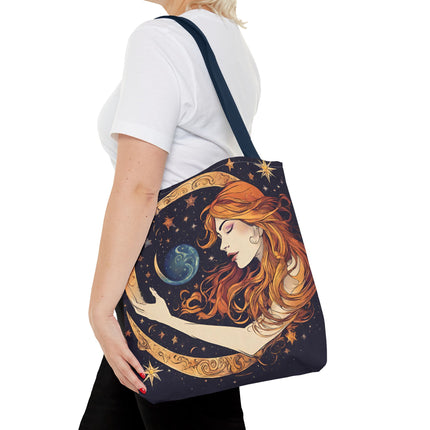 Moon Shaping Goddess Tote | Lunar Stars & Space Astronomy Grocery Bag | Woman Morphing Home Office Laptop Clothing Travel Overnight Gift