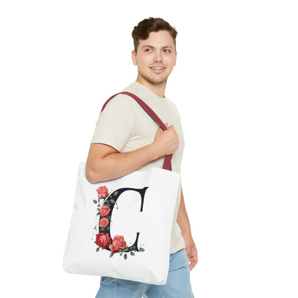 Custom Letter Personalized Tote | Rose Flowered Grocery Travel Bag | Floral Print Roses Office Laptop & Books or Exercise Overnight Carrier