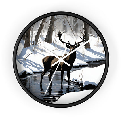 Deer Hunter Wall Art Clock | Winter Creek Big Buck Wall Hanging | Snowy Nature Scenic Home Office Hunting Lovers Gift
