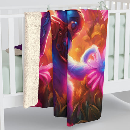 Neon Glowing Warrior Cat Blanket, Lush Flower Field Feline, Armored Kitten with Sword Plush Fleece Couch Sherpa, Kids Night Time Bed Cover