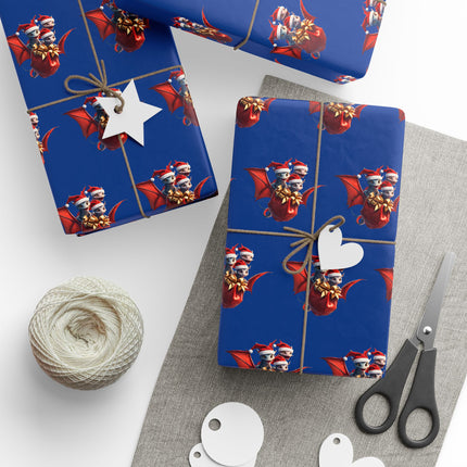 Christmas Wrapping Paper, BLUE, Dragon Gift Wrap, Red Holiday Paper, Flying Dragon Presents, Holiday Gift Wrap Roll