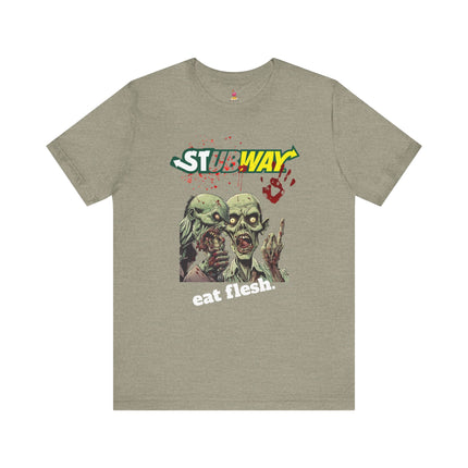 STUBWAY EAT FLESH Zombie Eating T-Shirt - Funny Subway Parody Horror Tee