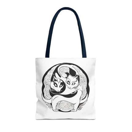Cat Lovers Tote | Cats Yin Yang Style Grocery Bag | MEOW Chinese Print 2 Sided Office Carry All | School Supplies Kitten Carrier Tote