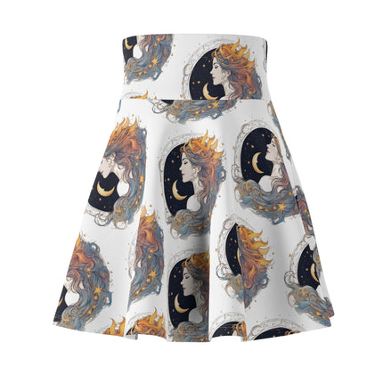Moon Goddess Skater Skirt | Lunar Stars, Space Astronomy Spring & Summer Wear | Astrology Woman Night Sky Flowing Hair Galaxy Gift