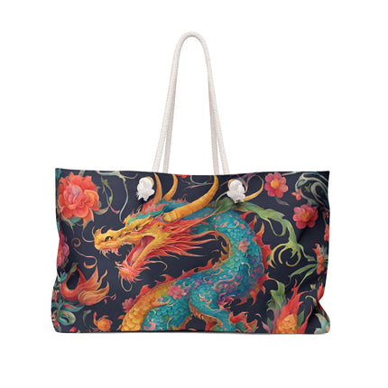 Custom Weekender | Japanese Dragon Travel Bag | Flowered Floral Serpent Japan Style Cruise Airplane & Hotel Road Trip Overnight Carrier