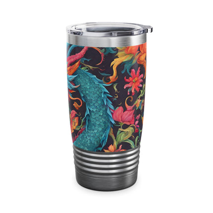 Dragon Tumbler | Japanese Flower Pattern Drink Companion | Floral Japan Insulated Travel Mug | Exercise Office College Road Trip Coffee Gift