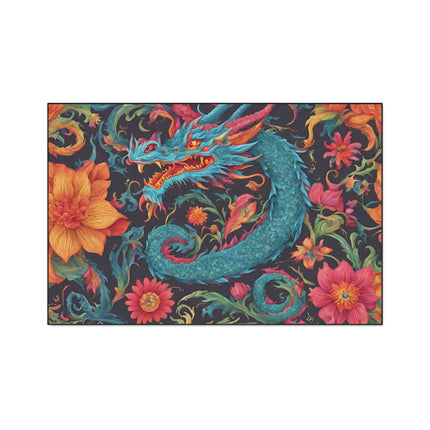 Japanese Dragons Floral Heavy Duty Floor Mat | Flower Pattern Style Serpent Bathroom Decor | Entryway Flowered Chinese Dragon Lover Gift