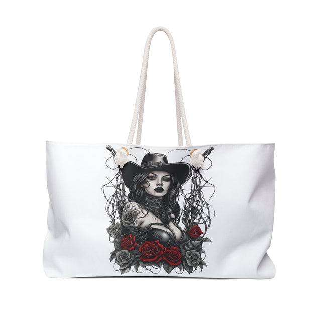 Gothic Western Cowgirl Leather Rose Chain Whip Travel Bag, Barbed Wire Gunfighter Fantasy Weekend Bag, Flowered Wild West Beauty Tote