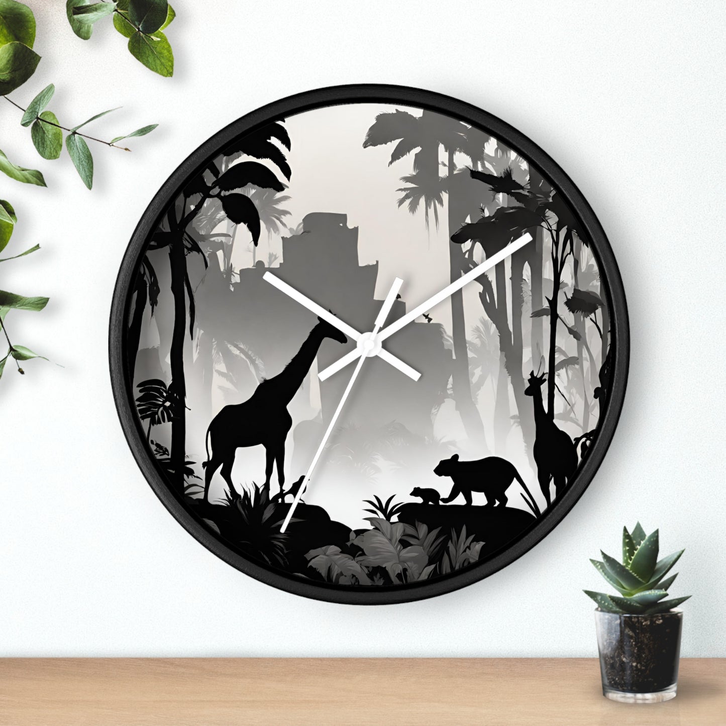 Jungle Giraffes Wall Art Clock | Shadowy Wild Nature Wall Hanging | Home Office Animal Wall Decor Gift