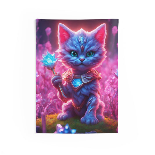 Warrior Cat Crystal Grove Tapestry, Thunder Bolt Armored Kitten Mystical Weapon Wall Hanging, Pink Blue Infused Blossom Field Tapestry