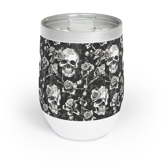 Skull and Flowers Wine Tumbler, Bone Flower Garden Pattern Wine Cooler, Flowered Design Skeleton Insulated Cup