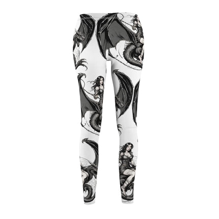 Women's Goth Medieval Dragon Casual Leggings, Reptile Riding Beauty Elastic Bottoms, Tight Black and White Pants
