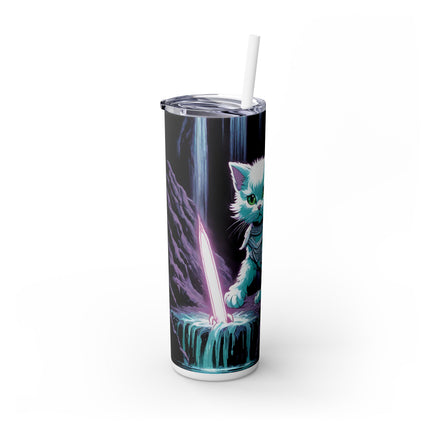 MYSTICAL WATERFALL CAVE CAT WARRIOR Tumbler - Pink Neon Sword Fantasy Kitten Cup