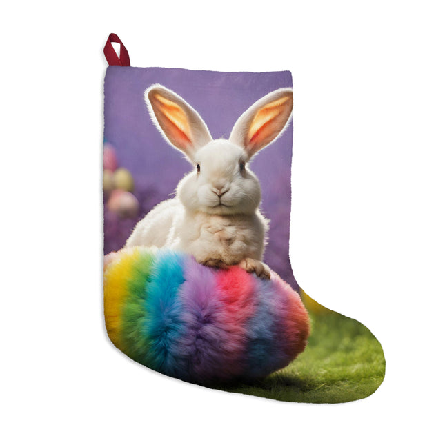Personalized Bunny Rabbit Easter Stocking, (Two Sided), Basket Hide Seek Gift Stuffer, Kids Adults Cute Fun Rainbow Furry Egg Sock