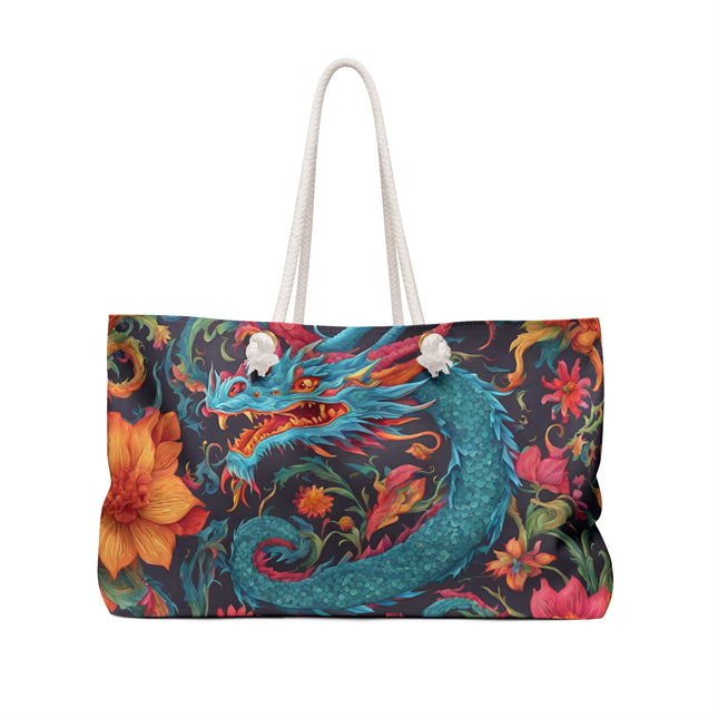 Custom Weekender | Japanese Dragon Travel Bag | Flowered Floral Serpent Japan Style Cruise Airplane & Hotel Road Trip Overnight Carrier