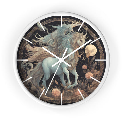 Majestic Myths Art Clock | Floral Flower Night Field Horned Horse Wall Hanging | Mystical Moon Fantasy Home Office Decor Gift