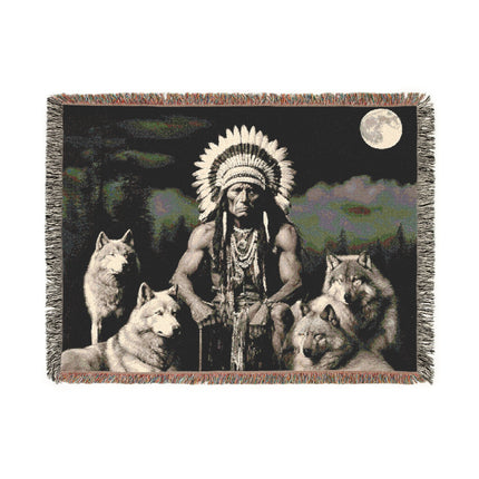 MOONLIGHT WOLF INDIAN CHIEF Woven Blanket - Native American Folk Art Heirloom Throw