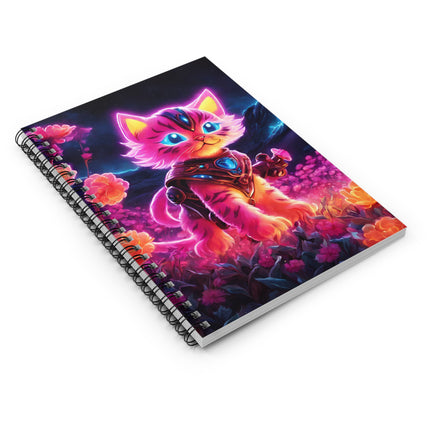 Neon Glowing Warrior Cat Spiral Notebook, Girls Lush Flower School Notepad, Armored Kitten with Sword Spiral Journal