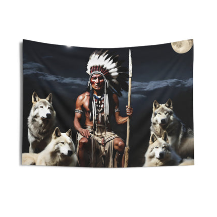 Indian Chief Wall Decor | Night Sky Tribe Wolf Pack Mountain Tapestry | Tribal Wolves Gift | Resting Native American Game Room Wall Hanging