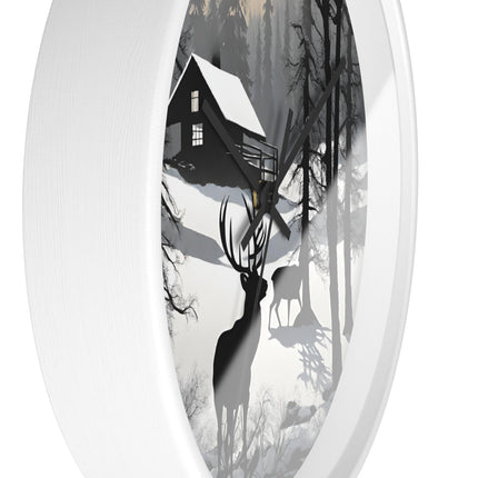 HUNTING CABIN Wall Clock - Winter Deer Scene Rustic Lodge Decor