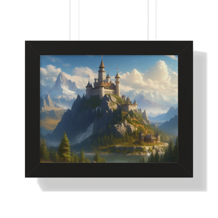 Video Game Fantasy Castle, RPG Valley Framed Poster, Mountain Nature Scene Picture, Open World Style Wall Hanging, Gamer Office Scenery