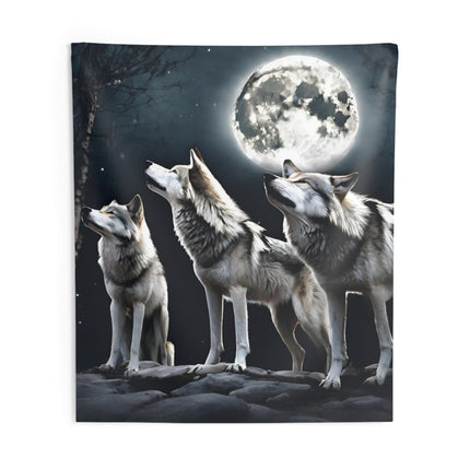 Moon Wolves Wall Decor | Night Sky Mountain Wolf Pack Tapestry | Starry Dark Full Lunar Gift | Wooded Wild Dogs Game & Bedroom Wall Hanging