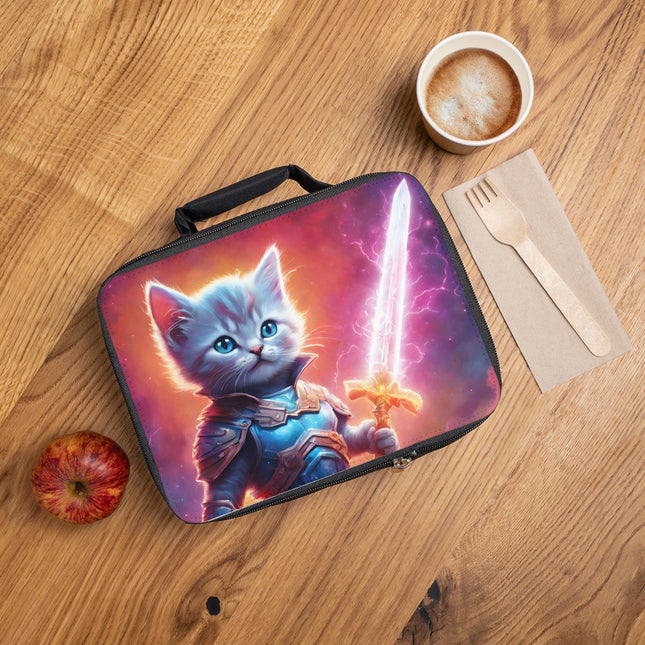 Lightning Sword Fur Warrior Cat Lunch Bag Box, Boys and Girls Colorful Sky Feline School Tote, Armored Cosmic Furry Kitten Insulated Bag