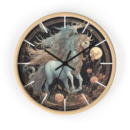 Majestic Myths Art Clock | Floral Flower Night Field Horned Horse Wall Hanging | Mystical Moon Fantasy Home Office Decor Gift