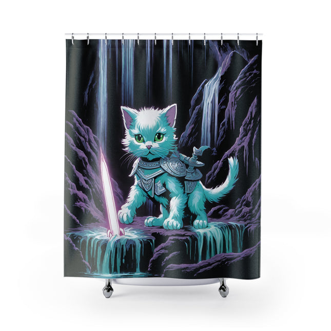 Cat Warrior Shower Curtain, Kitten Cave Explorer, Waterfall Caverns Cat, Mystical Neon Sword