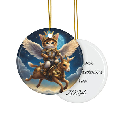 PERSONALIZED Flying Fantasy Christmas Winged Cat and Mechanical Reindeer Ornament