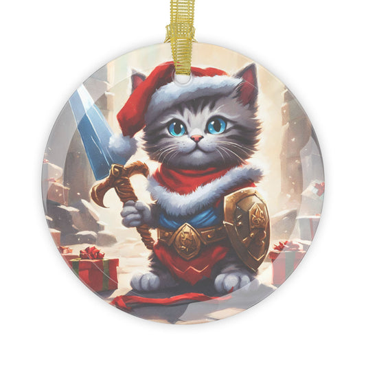 Kitten Christmas Ornament, Holiday Tree Decoration, Adorable Cat Gift, Round Glass Keepsake, KITTEN WARRIOR