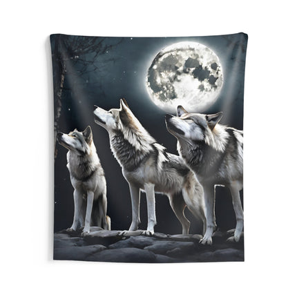 Moon Wolves Wall Decor | Night Sky Mountain Wolf Pack Tapestry | Starry Dark Full Lunar Gift | Wooded Wild Dogs Game & Bedroom Wall Hanging