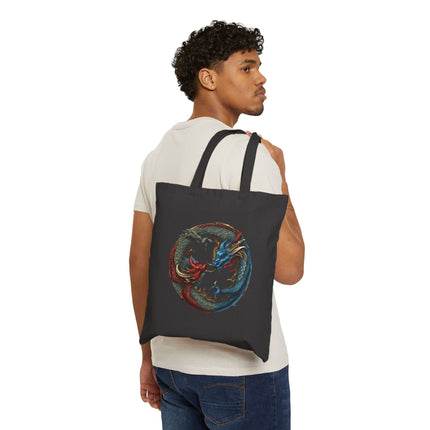 Chinese Dragon Yin Yang Canvas Tote, Red and Blue Twin Reptile Circle Bag, Grocery Shopping Cotton Carrier Traveler
