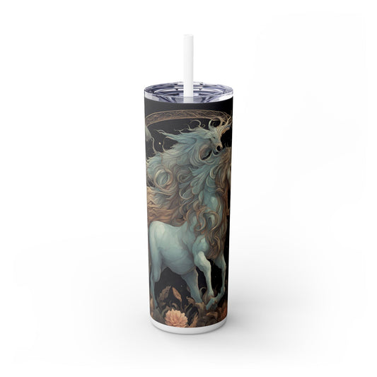 Majestic Myths Skinny Tumbler | Horned Goat Horse Drinking Cup | Floral Flower Night Sky Moon Fantasy Road Trip Exercise Traveler
