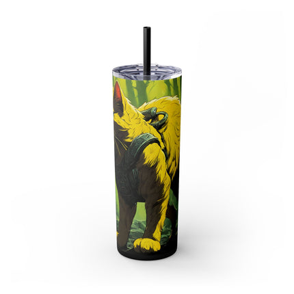 NEON YELLOW WARRIOR CAT Skinny Tumbler - Mystical Glowing Forest Kitty Cup