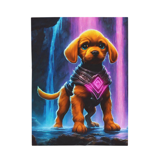 Warrior Puppy Blanket, Waterfall Dog Plush Throw Blanket, Cosmic Neon Armored Pup Bed Cover, Glowing Cave Bedroom Twin Cover