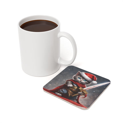 Christmas Drink Coaster Kitten Drink Holder Santa Warrior Kitten Snow Sled Cat Lover Cork Coaster