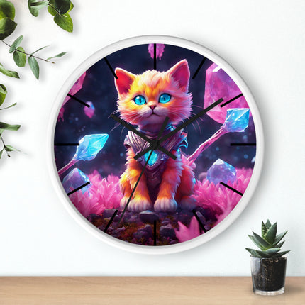 COSMIC CRYSTAL GUARDIAN CAT Wall Clock - Fantasy Feline Galaxy Decor
