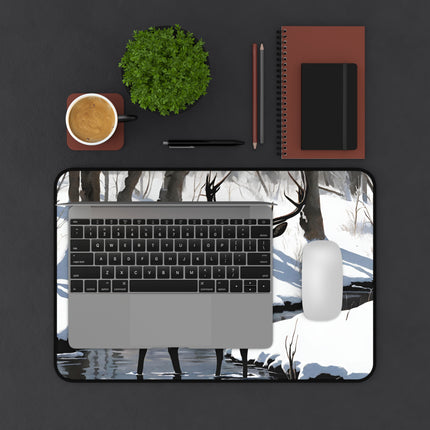 Deer Hunter Desktop Mat | Winter Creek Big Buck Art Work Space | Snowy Nature Scene Mouse Pad Mat | Hunting Lovers Home Office Gift