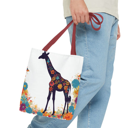 Giraffe Lovers Tote | Floral Safari Animal Grocery Bag | African Savanna Office Travel Carrier | Flower Collage Forest Cotton Traveler
