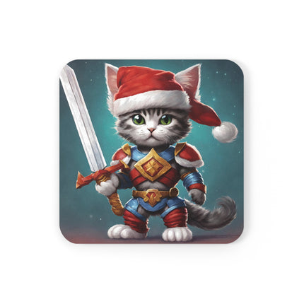 Christmas Drink Coaster Kitten Drink Holder Santa Warrior Kitten Snow Sled Cat Lover Cork Coaster