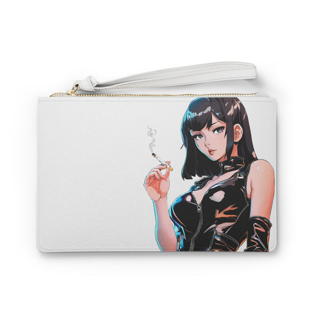 Personalized Clutch Bag, Cigarette Smoking Anime Girl Makeup Case, Sexy Leather Outfit Japanese Style Art Wallet Purse, Cartoon Lover Gift