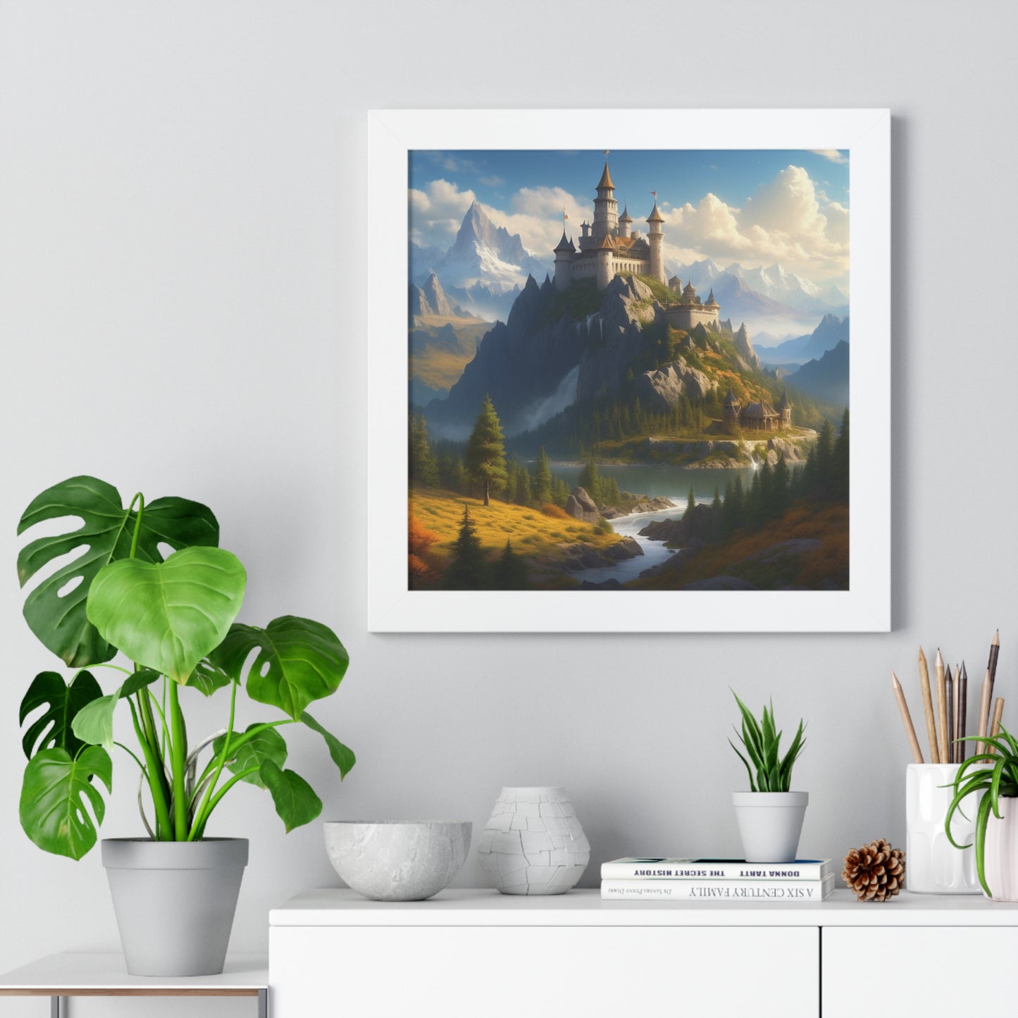 Video Game Fantasy Castle, RPG Valley Framed Poster, Mountain Nature Scene Picture, Open World Style Wall Hanging, Gamer Office Scenery