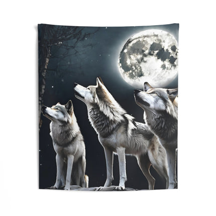 Moon Wolves Wall Decor | Night Sky Mountain Wolf Pack Tapestry | Starry Dark Full Lunar Gift | Wooded Wild Dogs Game & Bedroom Wall Hanging