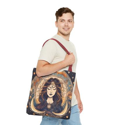 Sun & Moon Goddess Tote | Lunar Stars and Space Astronomy Grocery Bag | Wiccan Dreams Office Laptop Book Carrier | Solar System Travel Gift