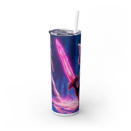 COSMIC NEON WARRIOR CAT Skinny Tumbler - Pink Glowing Sword Snow Kitten Cup